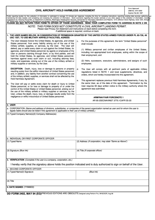 Dd Form 2402 Civil Aircraft Hold Harmless Agreement