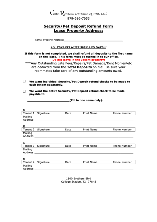Security Pet Deposit Refund Form Lease Property printable pdf download