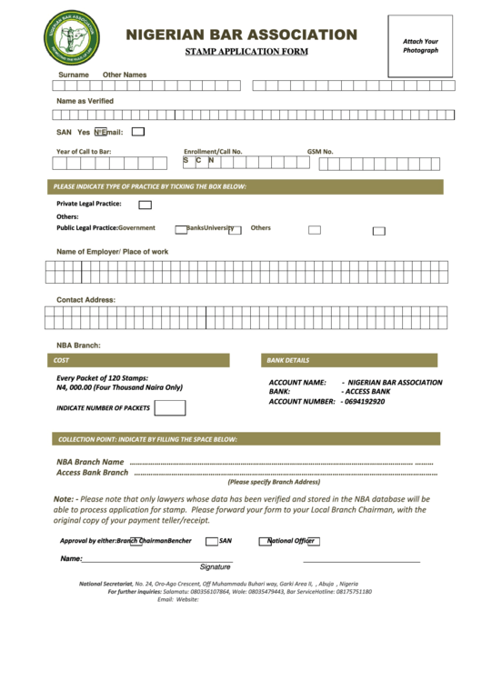Nigerian Bar Association Stamp Application Form printable pdf download