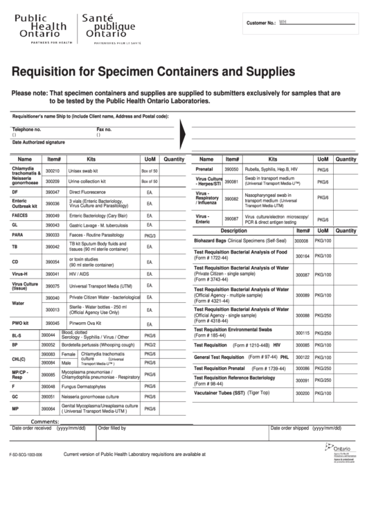 Requisition For Specimen Containers And Supplies Public Health