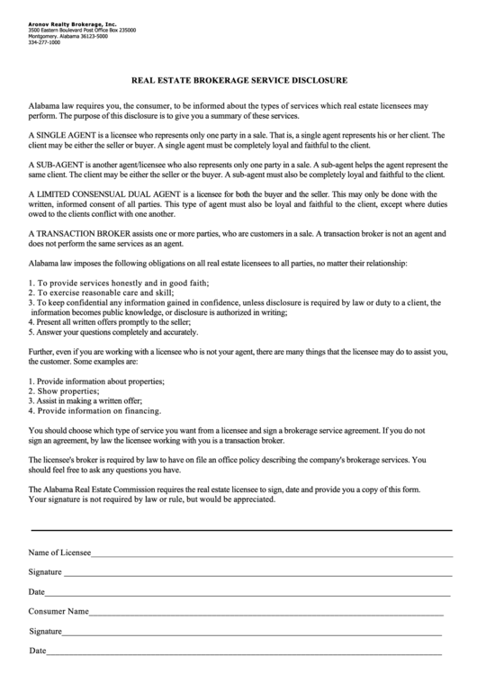 Real Estate Brokerage Service Disclosure printable pdf download