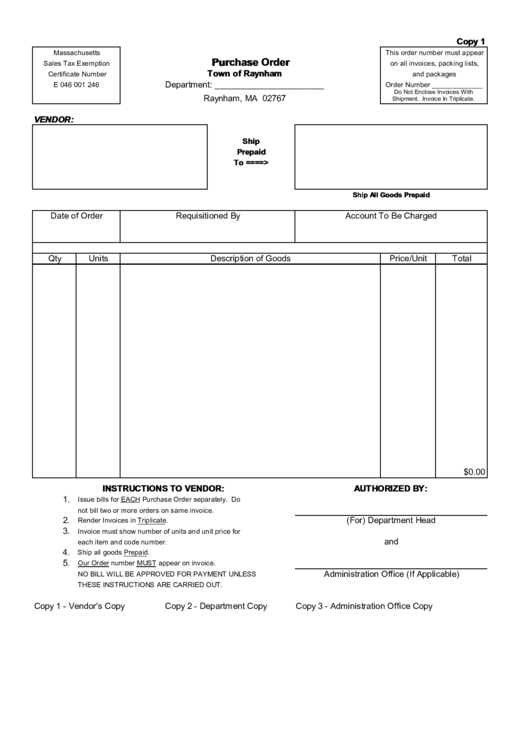 Purchase Order Town Of Raynham printable pdf download