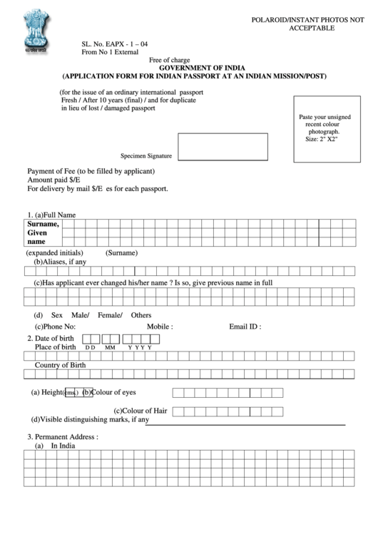 Application Form For Indian Passport At An Indian Mission/post