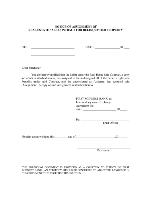 Notice Of Assignment Of Real Estate Sale Contract For Relinquished