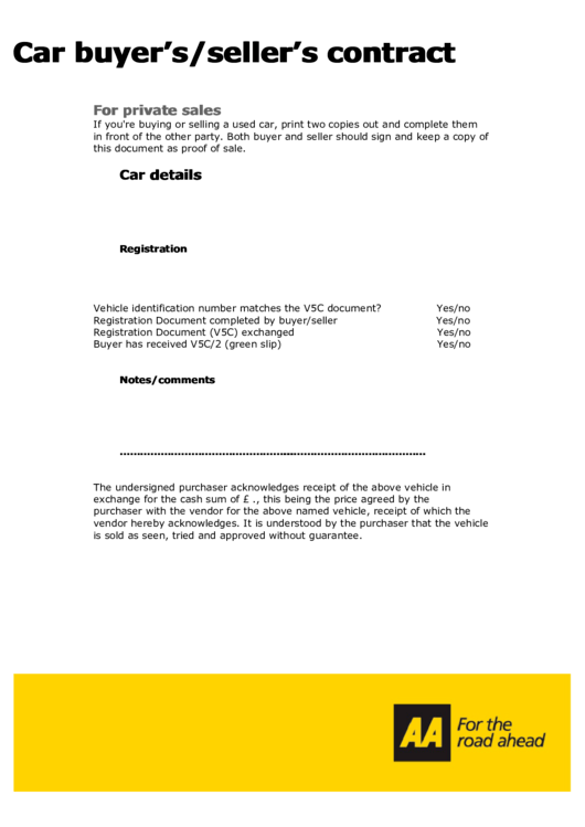Car Buyer'S/seller'S Contract Template printable pdf download