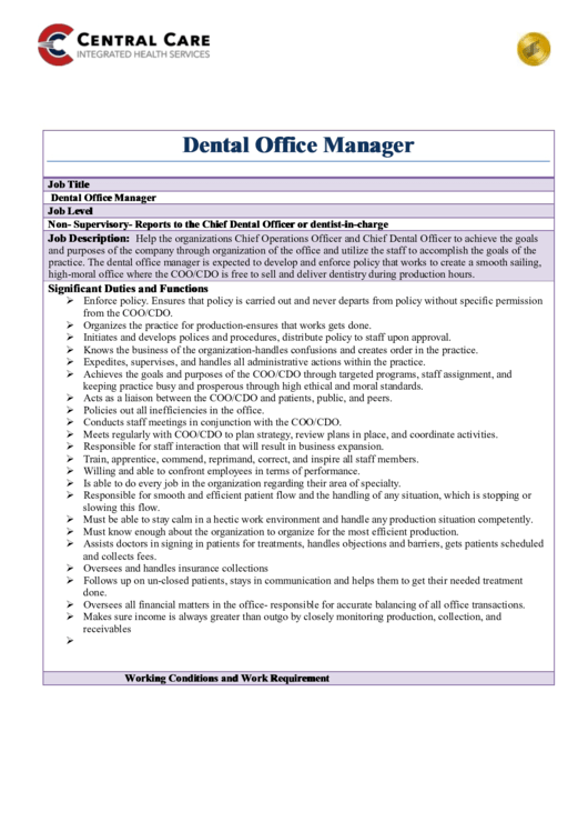 Central Care Dental Office Manager printable pdf download