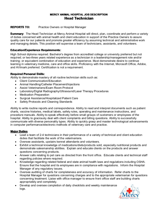 Mercy Animal Hospital Job Description Head Technician printable pdf