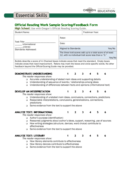 Official Reading Work Sample Scoring/feedback Form