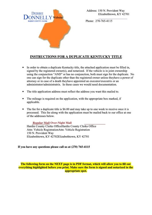 Fillable Application For Kentucky Certificate Of Title/registration