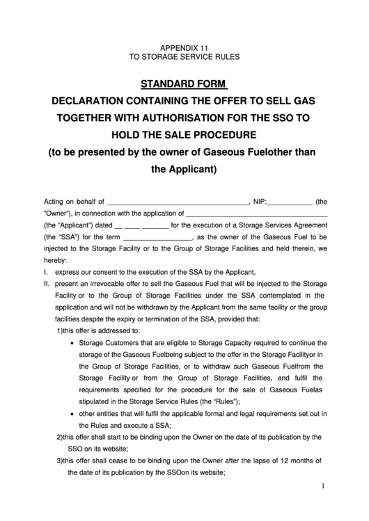 Standard Form Declaration Containing The Offer To Sell Gas printable pdf download