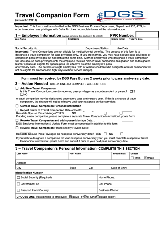 Fillable Travel Companion Form Dgs Pass printable pdf download