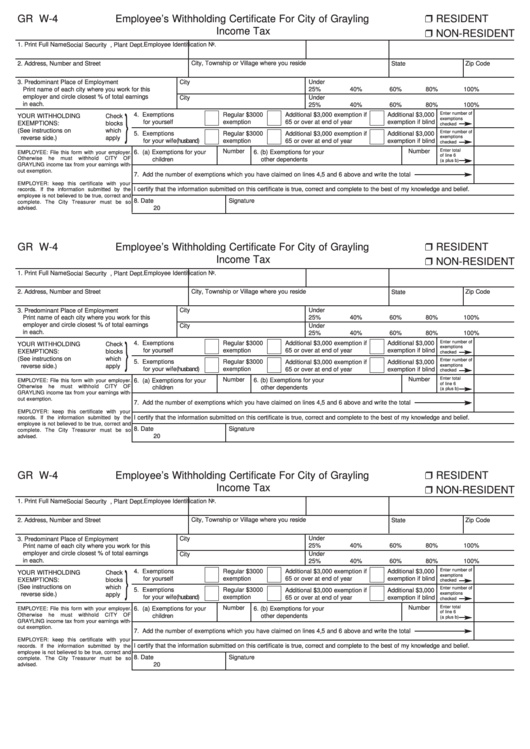 Form Gr W4 Employee'S Withholding Certificate For City