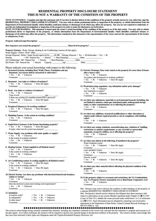 Virginia Residential Property Disclosure Statement Template printable