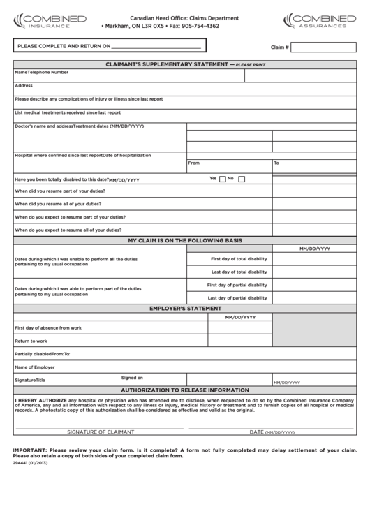 Fillable Claimant'S Supplementary Statement printable pdf download