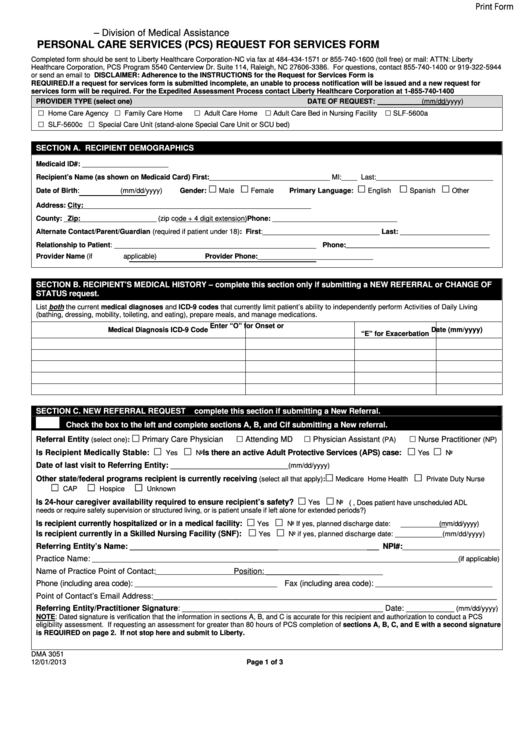 Fillable Personal Care Services Request For Services Form printable pdf