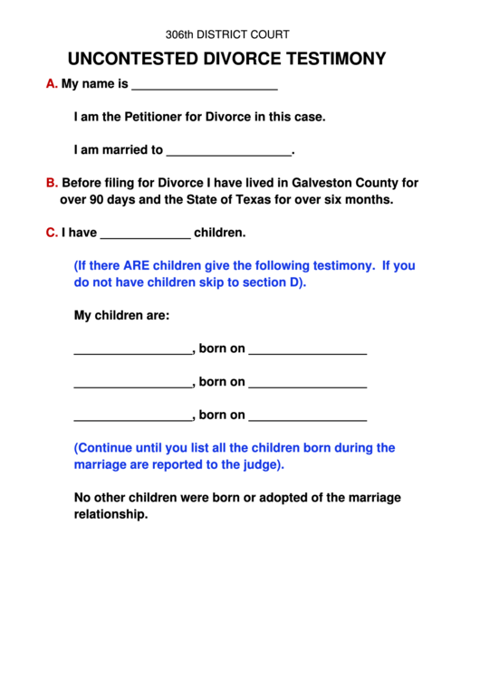 Uncontested Divorce Testimony printable pdf download