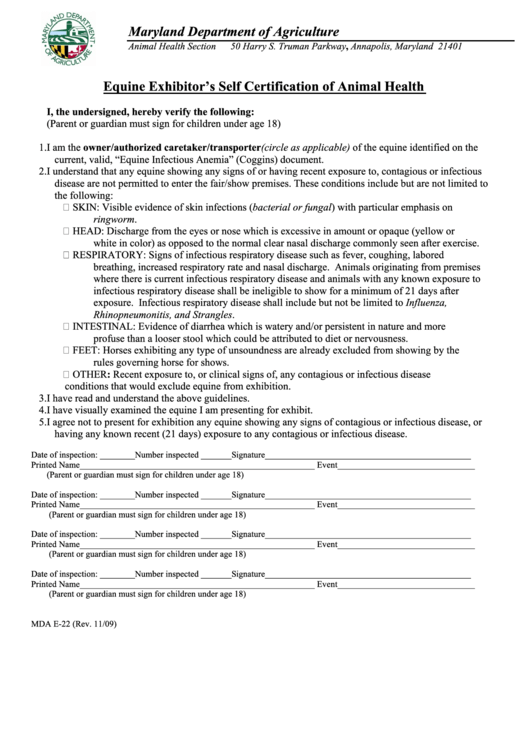 Equine Exhibitors Self Certification Of Animal Health Maryland printable pdf download