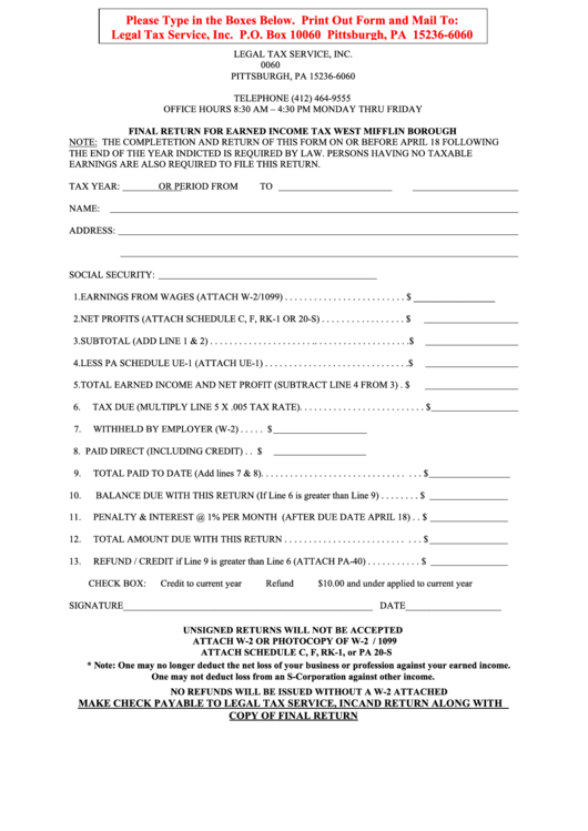 Fillable Final Return For Earned Tax West Mifflin Borough