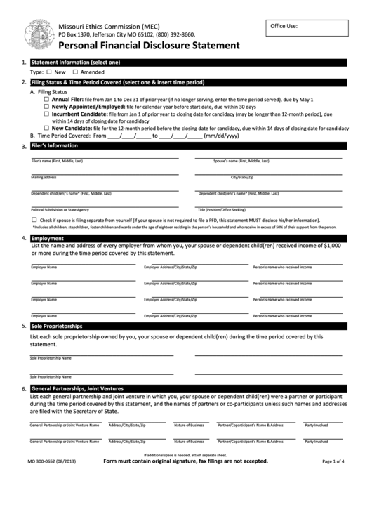 Fillable Personal Financial Disclosure Statement printable pdf download