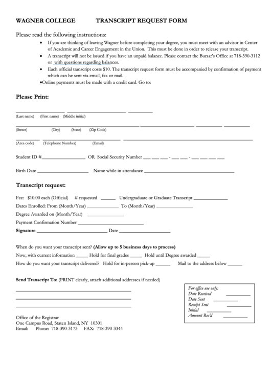 Wagner College Transcript Request Form printable pdf download