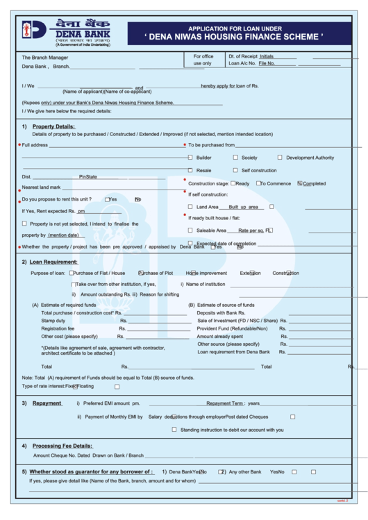 Application For Loan Under Dena Niwas Housing Finance Dena Bank