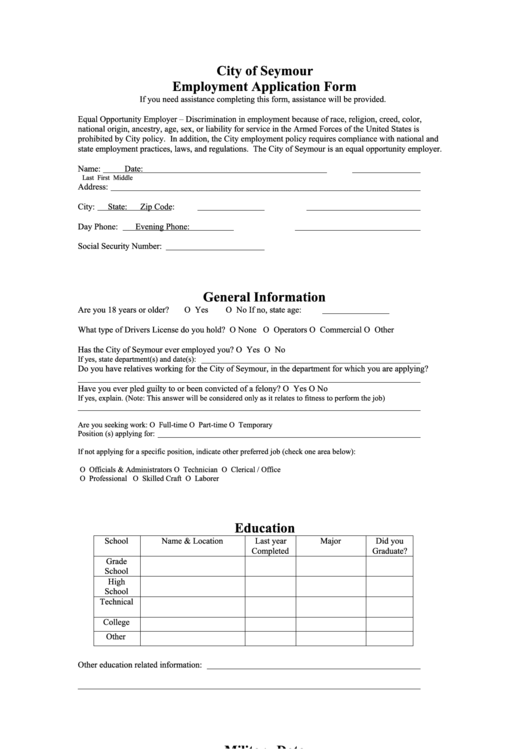 City Of Seymour Employment Application Form General Information