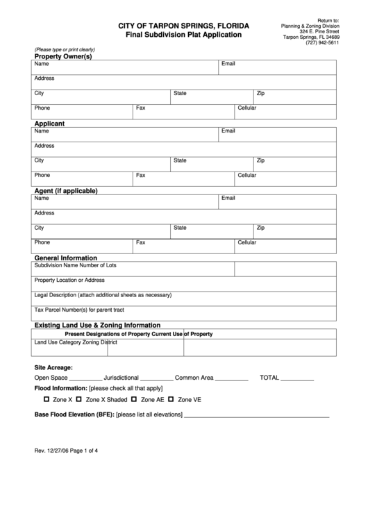 Fillable Final Subdivision Plat Application Tarpon Springs printable