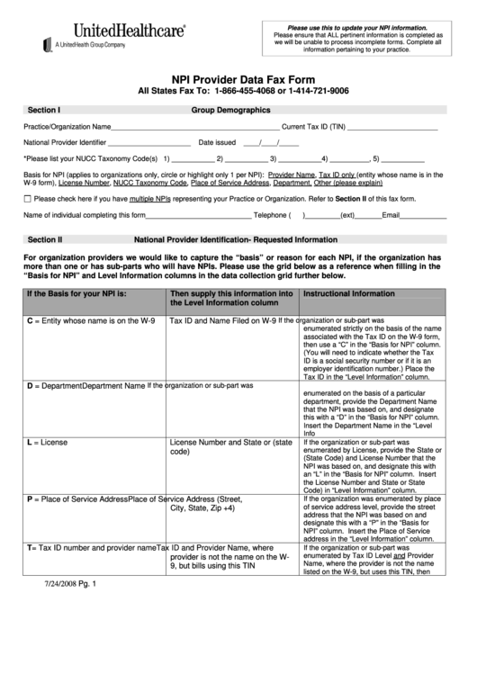 Npi Provider Data Fax Form Unitedn Healthcare printable pdf download