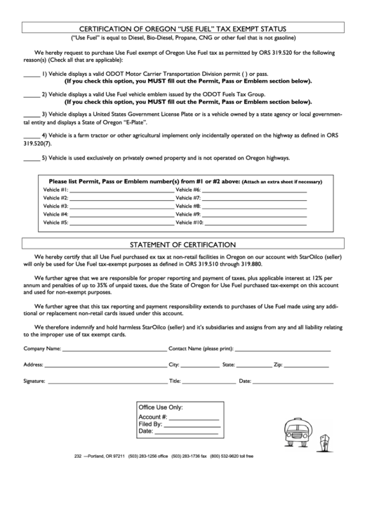 Certification Of Oregon "Use Fuel" Tax Exempt Status printable pdf download