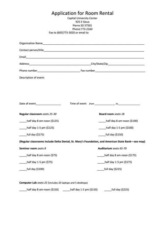 Application For Room Rental Capital University Center printable pdf