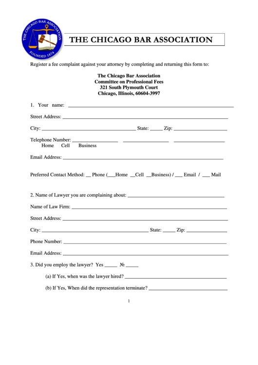 Fee Complaint Form The Chicago Bar Association printable pdf download