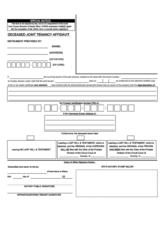 Fillable Deceased Joint Tenancy Affidavit Cook County Recorder printable pdf download
