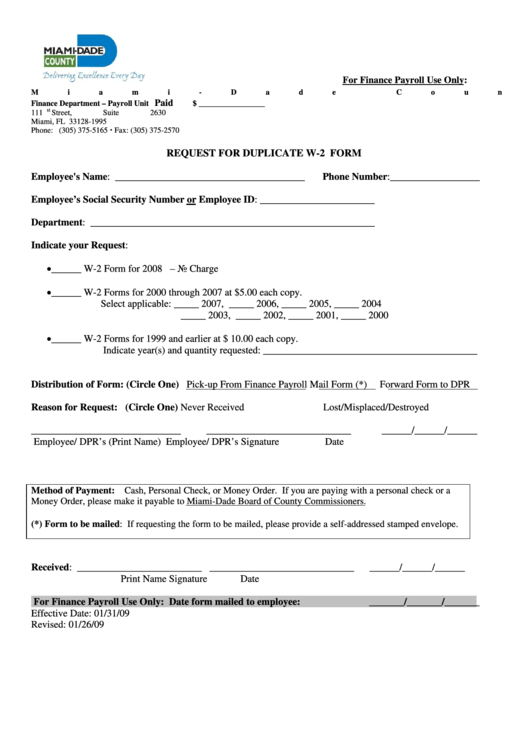 Request For Duplicate W2 Form Miami Dade County printable pdf download