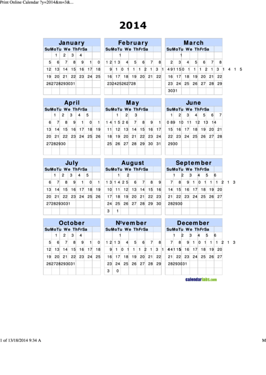 2014 Yearly Calendar Template - Blue, Portrait printable pdf download