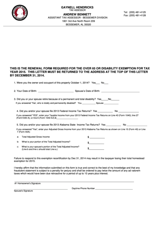 2015 Over 65 Disability Renewal Form printable pdf download