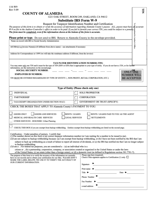 County Of Alameda Substitute Irs Form W9 Request For Taxpayer