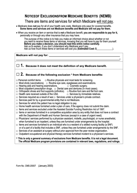 Notice Of Exclusion Of Medicare Benefits printable pdf download