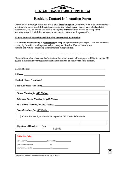 Fillable Resident Contact Information Form Central Texas Housing