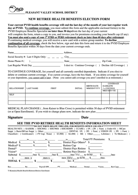 New Retiree Health Benefits Election Form Pleasant Valley School