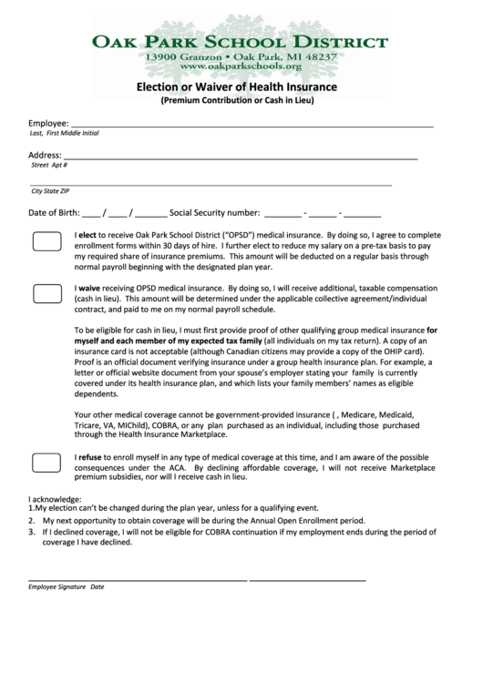 Waiver Of Health Insurance And Cash In Lieu Election Form printable pdf