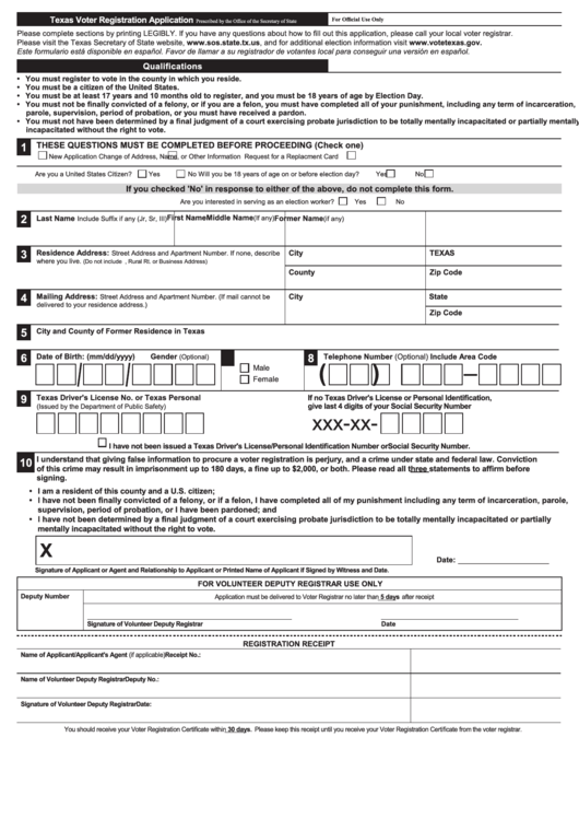 Texas Voter Registration Application Template printable pdf download