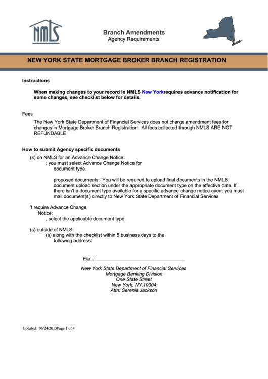 New York State Mortgage Broker Branch Registration printable pdf download