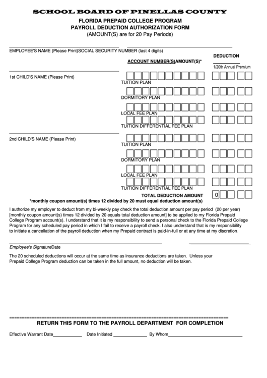 Fillable School Board Of Pinellas County Florida Payroll Deduction Form