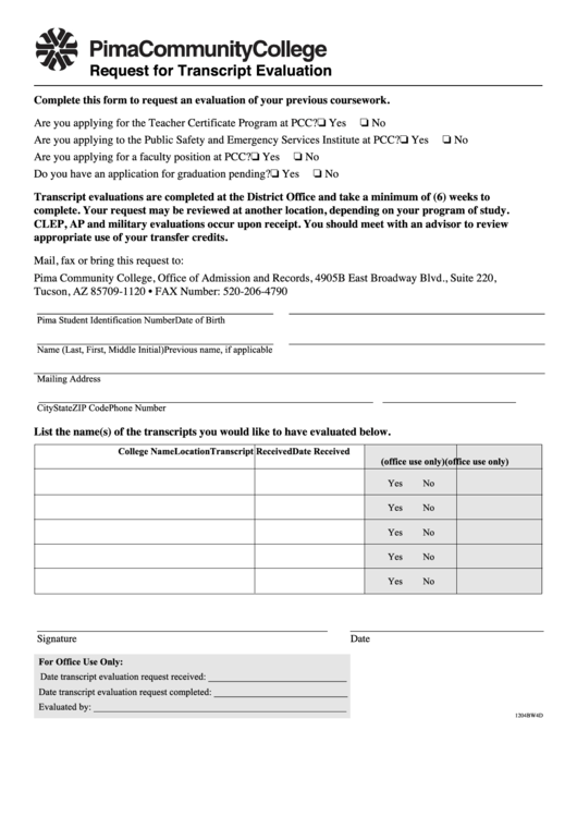 Request For Transcript Evaluation Pima Community College printable