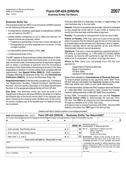 Form Op424 (Drs/n) Business Entity Tax Return 2007