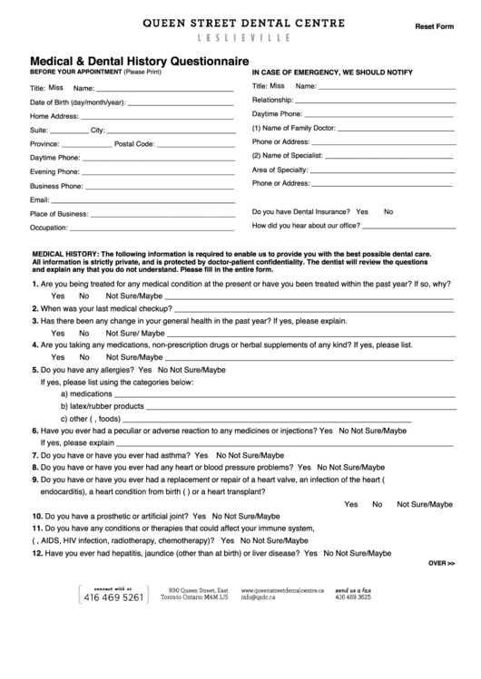 Fillable Medical Dental History Questionnaire Queen Street Dental