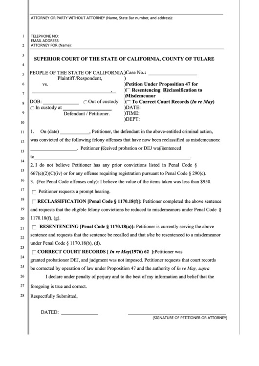 Fillable Petition Under Proposition 47 printable pdf download