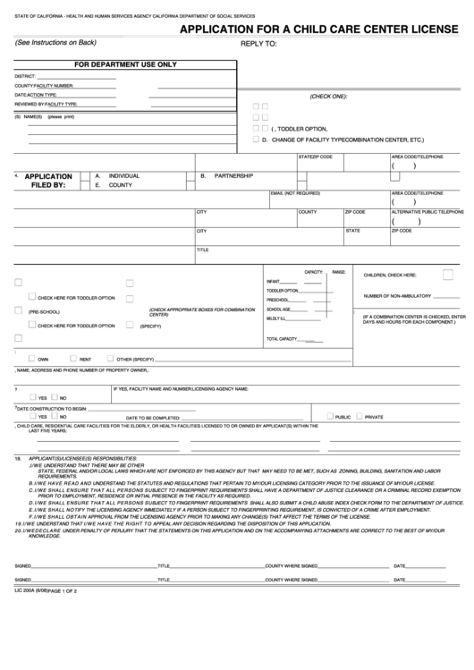 Application For A Child Care Center License California printable pdf
