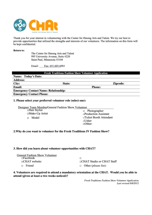 Fillable Fresh Traditions Fashion Show Volunteer Application printable