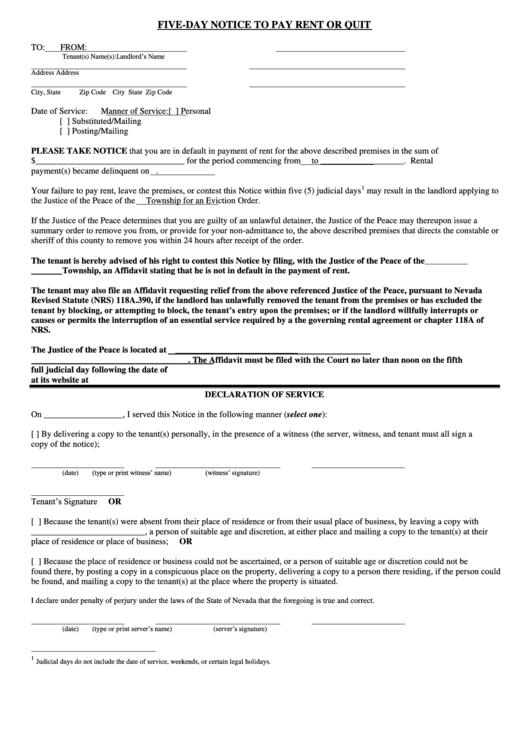 FiveDay Notice To Pay Rent Or Quit Template printable pdf download